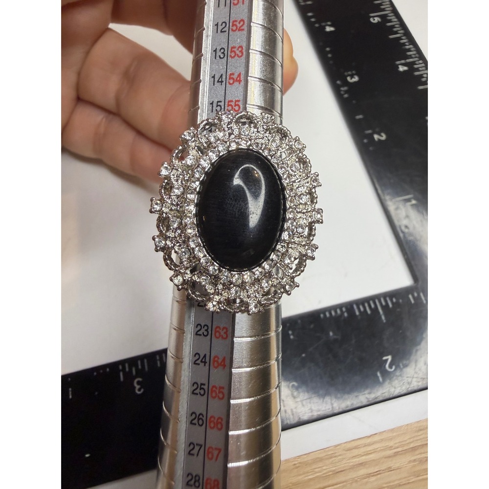 Silver Tone Black Cabochon Rhinestone Halo Stretch Cocktail Ring Statement Sz 8